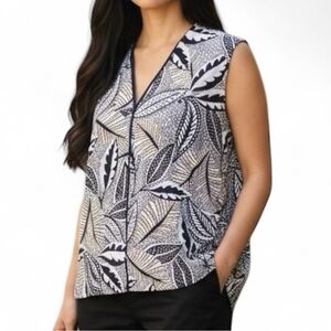 Calvin Klein Floral Artsy Workwear Black White Tan Sleeveless Top Women Size XL